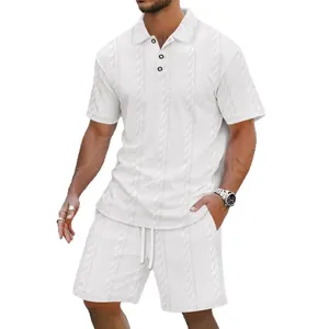 Men's white summer casual polo set featuring textured cable knit shorts and shirt outfit