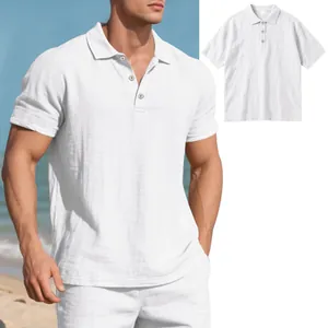 Detailed view of white linen polo shirt with breathable texture and buttoned collar