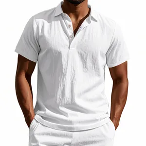 Detailed view of men's white linen polo shirt featuring breathable fabric and buttoned collar