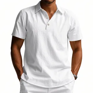 Close-up of white breathable linen polo shirt with textured fabric and button collar
