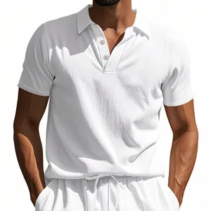 Close-up of a white linen-textured short-sleeved polo shirt with a buttoned collar.
