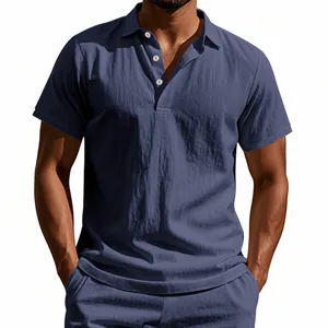 Men's breathable linen short sleeve polo shirt in navy blue with button collar lapel