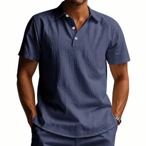 Detailed view of breathable linen-texture fabric on men's relaxed fit Polo shirt