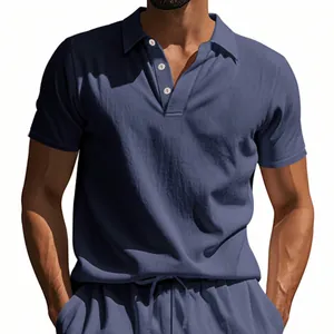 Close-up detail of the breathable linen texture and button placket on a men's blue polo.
