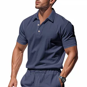 Detailed shot of breathable men's linen polo shirt with classic collar and buttons