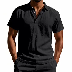 Close-up of men's black short-sleeved linen polo shirt showing the breathable fabric texture