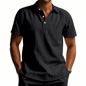 Detailed view of breathable black linen polo shirt for men featuring a button-down collar