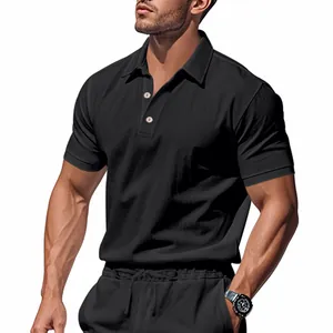 Detail showing the breathable fabric and button collar of a men's black linen polo shirt