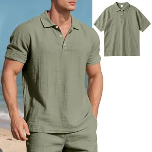 Close-up of men's breathable linen Polo shirt with relaxed fit and buttoned collar
