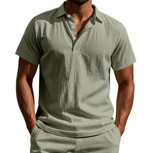 Close-up of men's breathable linen polo shirt with textured fabric and buttoned collar
