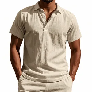 Close-up detail view of a men's beige linen polo shirt with breathable fabric texture