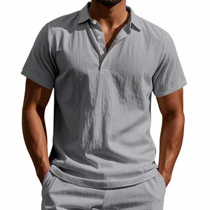 Close-up detail of a men's grey breathable linen polo shirt and matching casual shorts