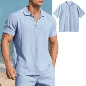 Premium men's light blue short-sleeve linen polo shirt with breathable and casual design