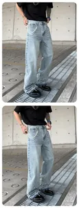 Men's loose straight-leg light blue jeans featuring pearl bead accents and waist chain