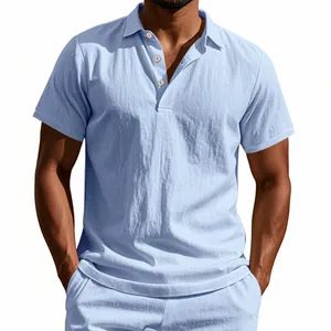 Close-up of a light blue breathable linen polo shirt featuring natural wood buttons