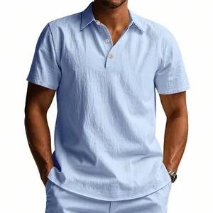 Detailed view of a light blue breathable linen polo shirt for men's summer casual wear