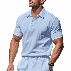 Detailed view of men's light blue breathable linen polo shirt with buttoned lapel
