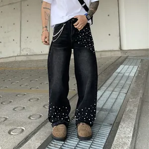 Men Loose Straight Leg Jeans With Beaded Decoration And Metal Chain Streetwear Bottom Denim Pants Modal Rabbit Hair Fabric