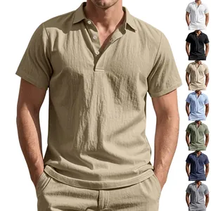 Men's Linen Polo Shirt British Style Loose Breathable Summer Casual Short Sleeve Lapel Button Up Woven Solid Color Top