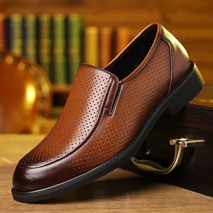 Premium men's breathable brown leather business dress shoes with a perforated design