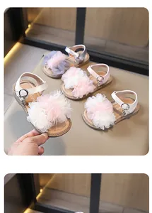 Toddler girl sandals with large lace floral decoration and ankle straps in various colors
