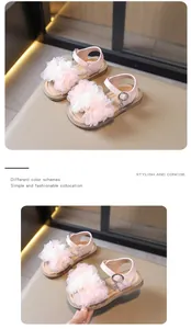 Detailed view of pink toddler girl sandals featuring delicate lace flower decorations.