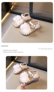 Close-up of elegant girls' sandals featuring large lace flowers and metallic buckles