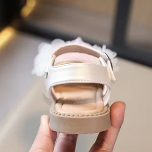 Girl's pearlized white princess sandals with elegant lace flower and non-slip rubber sole