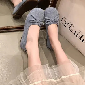Eleganti ballerine blu da donna con fiocco, mocassini slip-on traspiranti e comodi