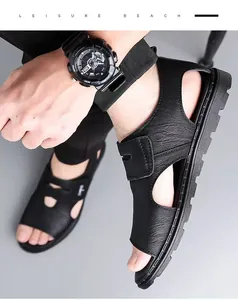 Men's black leather sandals with soft soles and velcro closure for beach or casual wear