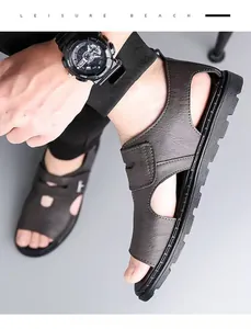 Side view of men's brown leather Roman sandals with soft non-slip black rubber sole