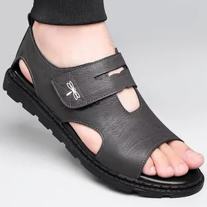 High-quality men's summer leather sandals with soft soles and stylish dragonfly logo straps.