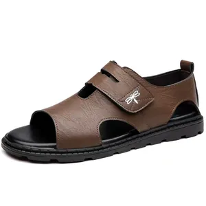 Men's brown leather summer sandals with soft soles and breathable hollow design