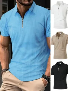 Fashionable men's casual textured polo shirt with zipper collar in multiple colors detail