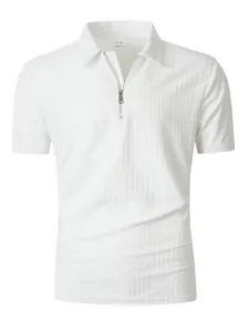 Close-up of men's white textured polo shirt featuring a functional silver quarter-zip collar