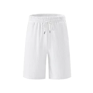 High-quality white men's heavy ribbed jacquard casual shorts with elastic drawstring waist