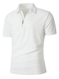 Close-up of white men's polo shirt featuring a textured lattice pattern and quarter-zip.