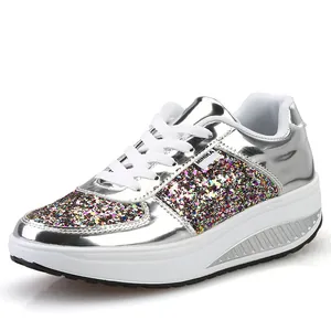 Shiny silver mirror rocking sneakers for women with colorful glitter accents