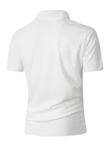 Detailed back view of a white short-sleeved Polo shirt with textured geometric pattern