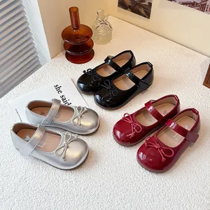 Girls Bow Princess Mary Jane Shoes Square Toe Glossy Patent Leather Flats For Party Wedding School Kids Fashion Shoes