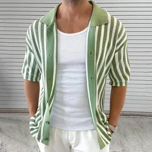 Detail view of men's green and white striped short sleeve knit cardigan with lapel