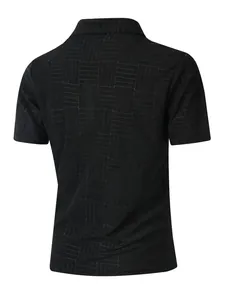 Back view of black polo shirt with a sophisticated and geometric textured pattern
