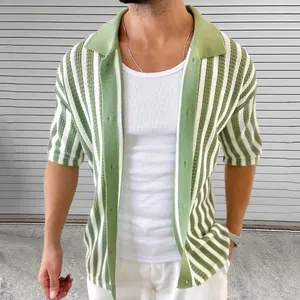 Detail shot of the striped texture and knit collar on the men's short sleeve cardigan