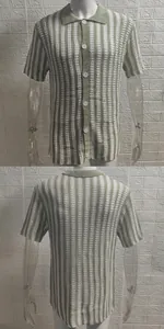 High-detail front and back views of green and white vertical striped knit polo shirt