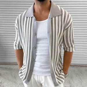 Men's grey striped knit cardigan with short sleeves and polo collar details