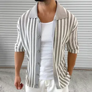 Close-up of men's striped knit cardigan with breathable hollow texture.