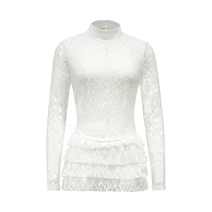 Elegante body in pizzo floreale bianco a maniche lunghe con dettagli a balze a strati
