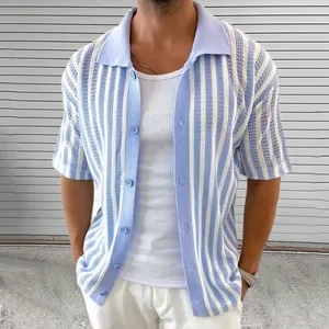 Detail view of men's stylish blue and white striped short sleeve knit cardigan jacket.