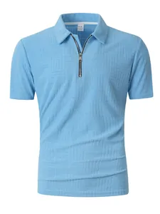 Men's light blue short sleeve polo shirt with zipper and textured geometric pattern