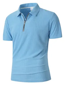 Detailed view of light blue men's polo shirt featuring zipper and grid texture